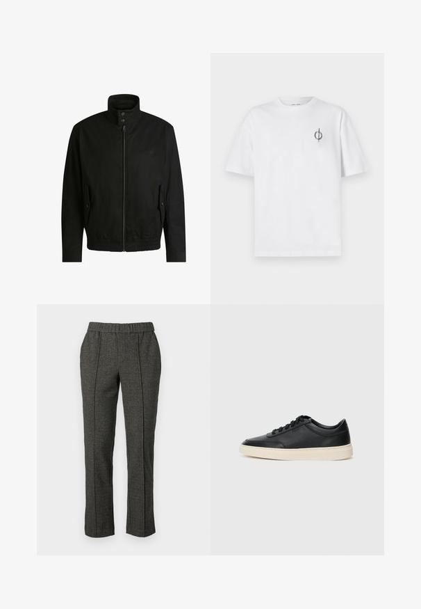 Black jacket with a high collar, zippered front, and elastic waistband. Features side pockets with cover flaps and subtle logo detailing.; White cotton t-shirt with a relaxed fit, featuring a small black graphic logo on the left chest area. Short sleeves, crew neck style.; Gray tailored trousers with a textured fabric, featuring an elastic waistband, straight legs, and front crease detailing.; Black low-top leather sneaker with black laces and off-white sole shown in side profile on white background.