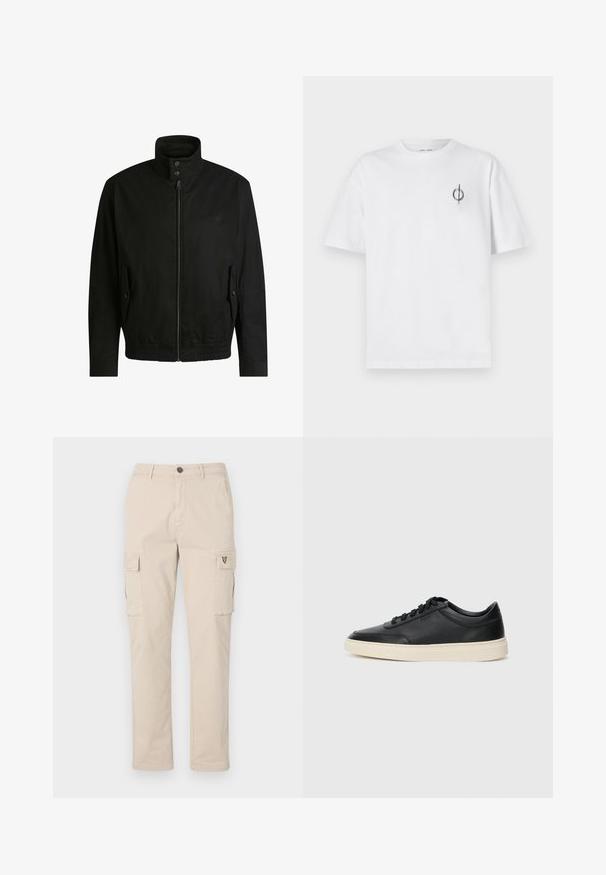 Zwarte jas met een hoge kraag, ritssluiting aan de voorkant en elastische tailleband. Voorzien van zijzakken met deksels en subtiele logo-details.; Witte katoenen t-shirt met een ontspannen pasvorm, voorzien van een klein zwart graphic logo op de linkerkant van de borst. Korte mouwen, ronde hals.; Beige cargobroek van katoen, voorzien van twee zijzakken, een achterzak en een klein logo op de zijkant. Rechtoe-rechtaan pasvorm, stevige stof.; Zwarte leren sneaker met lage schacht, zwarte veters en off-white zool, weergegeven in zijprofiel op een witte achtergrond.