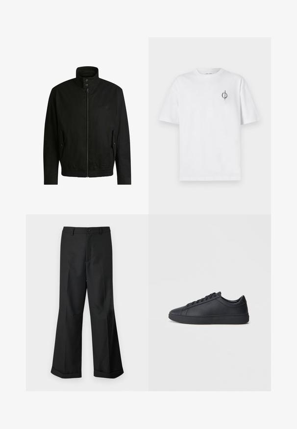 Black jacket with a high collar, zippered front, and elastic waistband. Features side pockets with cover flaps and subtle logo detailing.; White cotton t-shirt with a relaxed fit, featuring a small black graphic logo on the left chest area. Short sleeves, crew neck style.; Black wide-leg trousers with buttoned waistband and cuffed hems, displayed against a plain white background.; Black sneakers made of smooth leather with a low-top design, round toe, and flat rubber sole. Features laces and subtle branding.