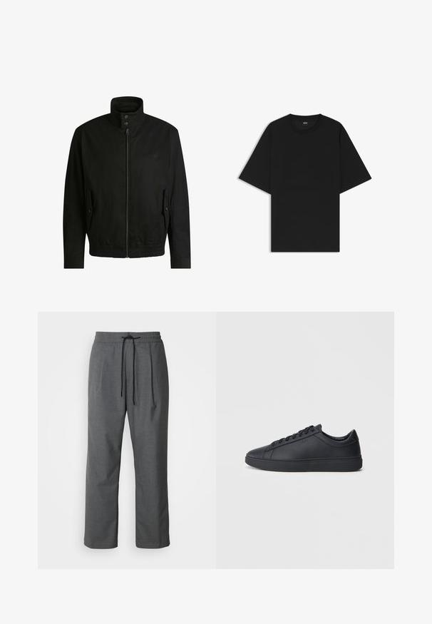 Giacca nera con colletto alto, chiusura con zip e vita elasticizzata. Presenta tasche laterali con flap di copertura e dettagli del logo discreti.; Maglietta nera a maniche corte con scollo rotondo, dalla vestibilità rilassata e un piccolo etichetta "BOSS" all'interno del colletto.; Pantaloni di tessuto grigio intrecciato con vita elastica, cordino esterno, tasche laterali e vestibilità comoda. Design minimalista con linee pulite.; Sneakers neri realizzati in pelle liscia, con design a bassa cima, punta rotonda e suola piatta in gomma. Presentano lacci e un branding discreto.