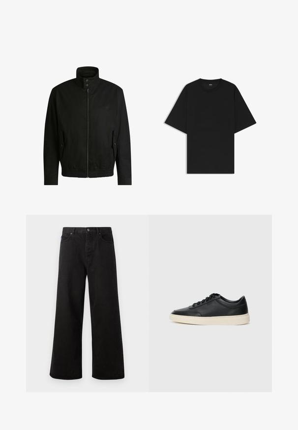 Svart jacka med hög krage, dragkedja fram och elastiskt midjeband. Har fickor på sidorna med lock och subtil logodetalj.; Svart kortärmad T-shirt med rund halsringning och avspänt snitt, samt en liten "BOSS"-etikett på insidan av kragen.; Svarta byxor i denim med vida ben, knappstängning, fem fickor och kontrasterande sömmar. Framsidan har en varumärkesskylt i midjan.; Svart låg skor i läder med svarta snören och off-white sula, visas i sidoprofil på vit bakgrund.
