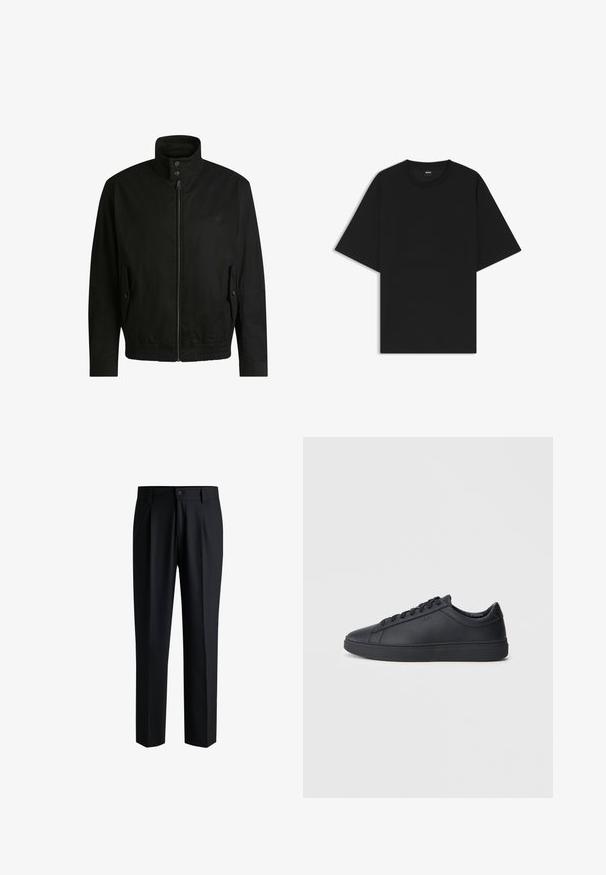 Giacca nera con colletto alto, chiusura con zip e vita elasticizzata. Presenta tasche laterali con flap di copertura e dettagli del logo discreti.; Maglietta nera a maniche corte con scollo rotondo, dalla vestibilità rilassata e un piccolo etichetta "BOSS" all'interno del colletto.; Pantaloni neri realizzati in tessuto liscio, con un design a gamba dritta, pieghe davanti e chiusura con bottone e passanti per la cintura.; Sneakers neri realizzati in pelle liscia, con design a bassa cima, punta rotonda e suola piatta in gomma. Presentano lacci e un branding discreto.