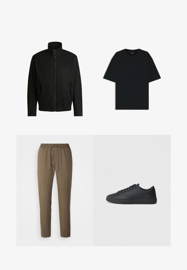 Musta takki korkealla kauluksella, vetoketjulla edessä ja joustavalla vyötäröllä. Varustettu sivutaskuilla, joissa on suojapeitteet ja hienovarainen logotaito.; Musta puuvillainen t-paita, jossa on pyöreä kaula-aukko ja lyhyet hihat. Ominaisuuksiin kuuluu löysä istuvuus ja yksinkertainen muotoilu ilman kuvioita tai yksityiskohtia.; Ruskeat, kevyet housut, joissa on joustava vyötärö ja nauha. Ominaisuudet suorat lahkeet ja sileä pinta. Ei taskuja.; Mustat lenkkarit, jotka on valmistettu sileästä nahasta, matalalla varrella, pyöreällä varvalla ja tasaisella kumipohjalla. Varusteena nauhat ja huomaamaton brändäys.