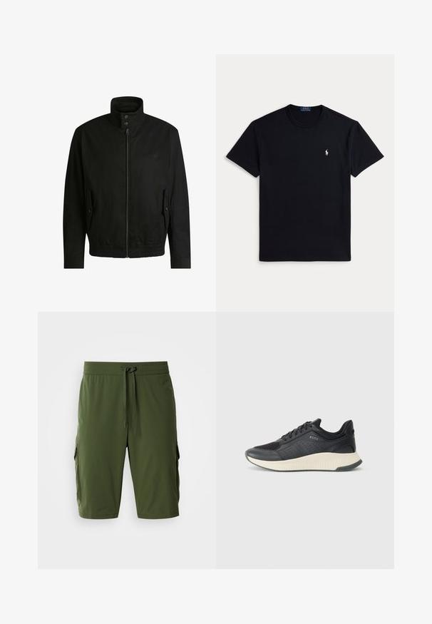 Schwarze Jacke mit hohem Kragen, Reißverschluss vorne und elastischem Bund. Enthält Seitentaschen mit Klappen und dezenten Logodetails.; Schwarzes Baumwoll-T-Shirt mit Rundhalsausschnitt, kurzen Ärmeln und einem kleinen bestickten Logo auf der linken Brust. Glatte Textur.; Olivgrüne Cargo-Shorts mit elastischem Bund, verstellbarem Kordelzug und Seitentaschen für zusätzlichen Stauraum. Glattes Material, knielanger Schnitt.; Schwarzer athletischer Sneaker mit einem Obermaterial aus Mesh mit Perforationen, einer strukturierten Zwischensohle in Creme und einer Gummisohle für besseren Halt.