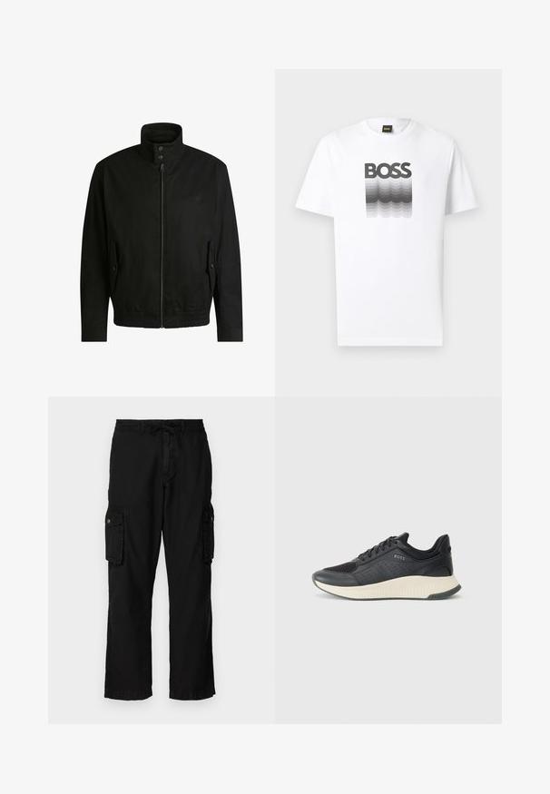 Black jacket with a high collar, zippered front, and elastic waistband. Features side pockets with cover flaps and subtle logo detailing.; White short-sleeve t-shirt with black and gray gradient wave design and bold "BOSS" text centered on the chest.; Black cargo pants with a relaxed fit, featuring side pockets, elastic waistband with drawstring, and a smooth fabric texture.; Black athletic sneaker featuring a mesh upper with perforations, a textured midsole in cream, and a rubber outsole for traction.