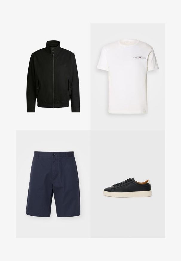 Zwarte jas met een hoge kraag, ritssluiting aan de voorkant en elastische tailleband. Voorzien van zijzakken met deksels en subtiele logo-details.; Witte katoenen t-shirt met ronde hals, korte mouwen en een bedrukt logo. Heeft een minimalistisch design en een relaxte pasvorm.; Marineblauwe shorts van lichtgewicht stof met een knoopsluiting, zijzakken, rechte snit en zichtbare stikseldetails.; Zwarte leren sneakers met een gladde textuur, beige rubberen zool, vetersluiting en een contrasterende hielaccent.