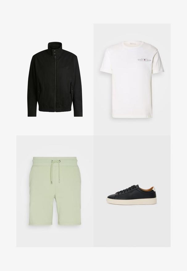 Giacca nera con colletto alto, chiusura con zip e vita elasticizzata. Presenta tasche laterali con flap di copertura e dettagli del logo discreti.; T-shirt bianco in cotone con collo rotondo, maniche corte e logo stampato. Presenta un design minimalista e una vestibilità rilassata.; GANT REG SHIELD - Pantaloni sportivi - milky matcha; Sneakers in pelle nera con una texture liscia, suola in gomma beige, design con lacci e un accento del tacco in contrasto.