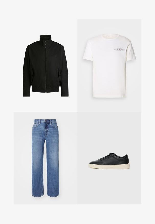 Musta takki korkealla kauluksella, vetoketjulla edessä ja joustavalla vyötäröllä. Varustettu sivutaskuilla, joissa on suojapeitteet ja hienovarainen logotaito.; Valkoinen puuvillapaita pyöreällä kaula-aukolla, lyhyet hihat ja painettu logo. Sisältää minimalistisen suunnittelun ja rentoa istuvuutta.; Calvin Klein Jeans 90'S STRAIGHT - Straight leg -farkut - tinted stone; Musta matalavartinen nahkastretchu, jossa on mustat nauhat ja vaaleanharmaa pohja, esitetty sivuprofiilissa valkoista taustaa vasten.