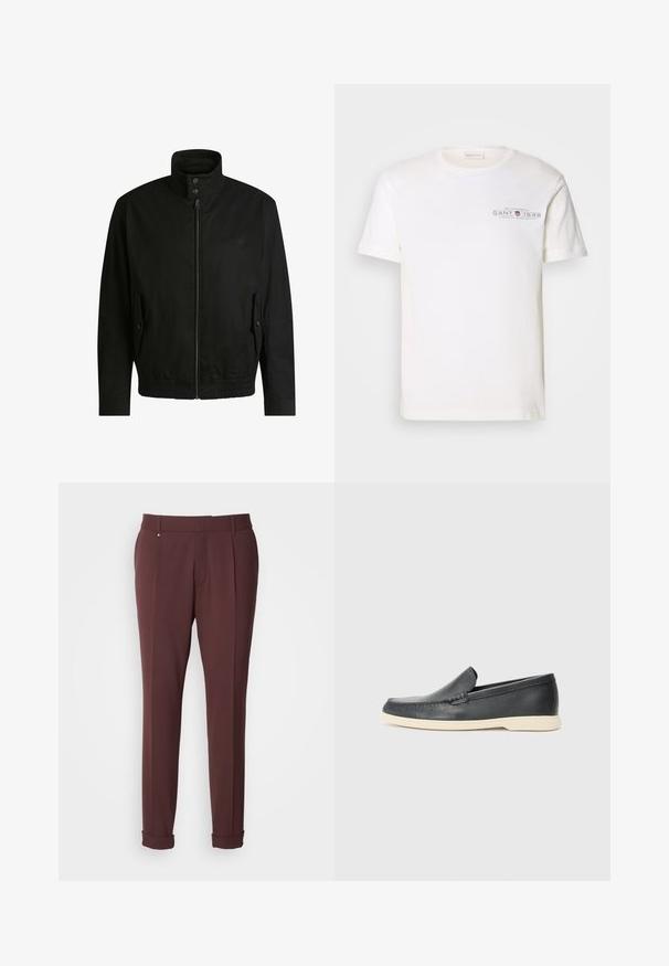 Black jacket with a high collar, zippered front, and elastic waistband. Features side pockets with cover flaps and subtle logo detailing.; White cotton t-shirt with a crew neck, short sleeves, and a printed logo. Features minimalist design and relaxed fit.; Burgundy tailored trousers with a smooth texture, featuring belt loops, front pleats, and rolled hems for a fitted look.; Black leather slip-on loafers with a textured finish and a contrasting beige rubber sole. Features a subtle accent along the front.