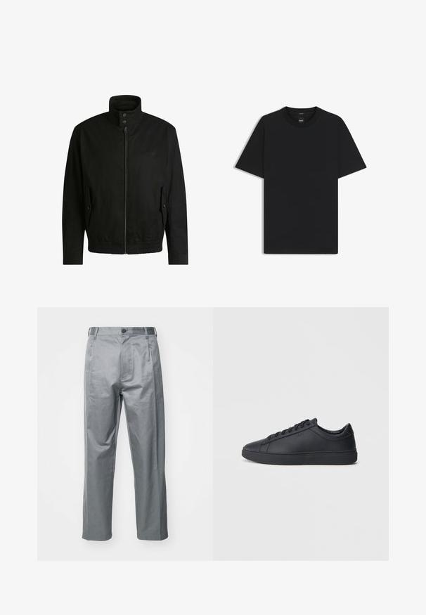 Sort jakke med høj krave, lynlåslukning foran og elastisk liv. Har sidelommer med coverlapper og subtile logo-detaljer.; Sort kortærmet T-shirt lavet af en glat bomuldsblanding, med en rund halsudskæring og et minimalistisk design uden mønstre eller accenter.; Grå bomuldsblandede bukser med lige ben-design, der har en frontknaplukning, bæltestropper og sidelommer.; Sorte sneakers lavet af glat læder med lavtopdesign, rund tå og flad gummisål. Har snøringer og subtil branding.