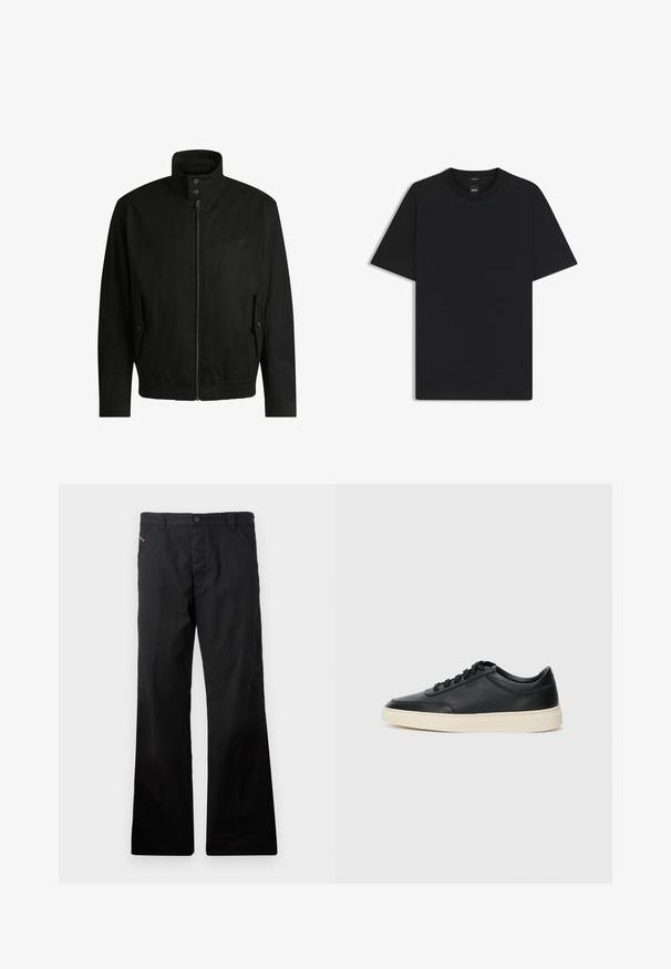 Svart jacka med hög krage, dragkedja fram och elastiskt midjeband. Har fickor på sidorna med lock och subtil logodetalj.; Svart kortärmad T-shirt i en mjuk bomullsblandning, med rundad halsringning och en minimalistisk design utan mönster eller detaljer.; Svarta, bomullsbyxor med rak benform och knappstängning. Har sidofickor och en minimalisk design utan synliga mönster eller dekorationer.; Svart låg skor i läder med svarta snören och off-white sula, visas i sidoprofil på vit bakgrund.