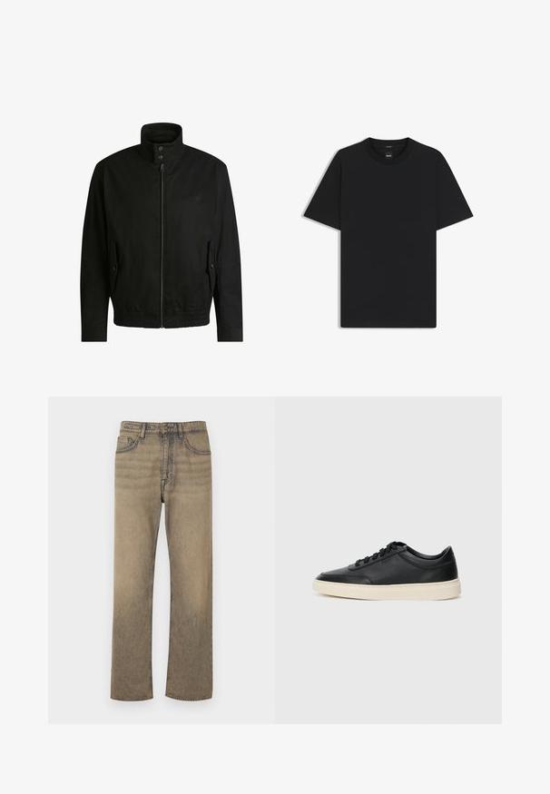 Musta takki korkealla kauluksella, vetoketjulla edessä ja joustavalla vyötäröllä. Varustettu sivutaskuilla, joissa on suojapeitteet ja hienovarainen logotaito.; Musta lyhythiha T-paita, joka on valmistettu sileästä puuvillasekoitteesta. Paita on varustettu pyöreällä pääntiehen ja siinä on minimaalinen muotoilu ilman kuvioita tai yksityiskohtia.; Vaaleat farkut, joissa on suora lahje, kahdella etutaskulla, napituksella ja näkyvillä ompeluseikoilla.; Musta matalavartinen nahkastretchu, jossa on mustat nauhat ja vaaleanharmaa pohja, esitetty sivuprofiilissa valkoista taustaa vasten.