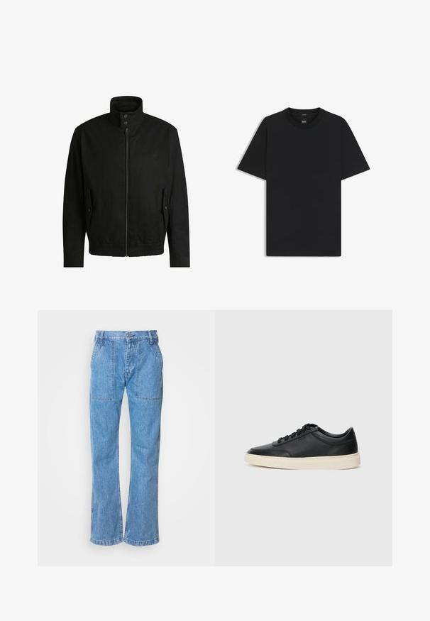 Black jacket with a high collar, zippered front, and elastic waistband. Features side pockets with cover flaps and subtle logo detailing.; Black short-sleeve T-shirt made from a smooth cotton blend, featuring a crew neckline and a minimalistic design with no patterns or accents.; Light blue denim jeans with a relaxed fit, featuring two front pockets, a button closure, and visible stitching details.; Black low-top leather sneaker with black laces and off-white sole shown in side profile on white background.