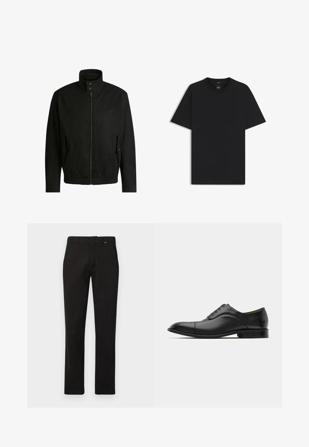 Veste noire avec un col haut, fermeture éclair à l'avant et taille élastique. Dispose de poches latérales avec rabats de protection et d'un logo discret.; T-shirt noir à manches courtes en coton mélangé doux, avec un col rond et un design minimaliste sans motifs ni accents.; Pantalons en coton noir à coupe droite, avec une fermeture à bouton, des passants de ceinture et deux poches avant. Texture lisse, sans motifs.; Chaussure habillée en cuir noir avec une texture lisse, un bout arrondi et cinq œillets. Présente un petit talon empilé et des détails de couture subtils.