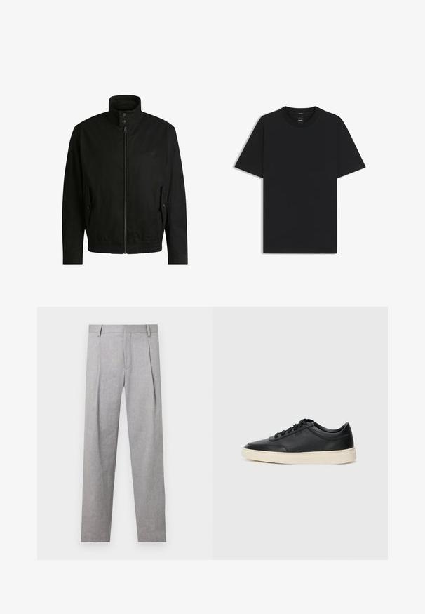 Musta takki korkealla kauluksella, vetoketjulla edessä ja joustavalla vyötäröllä. Varustettu sivutaskuilla, joissa on suojapeitteet ja hienovarainen logotaito.; Musta lyhythiha T-paita, joka on valmistettu sileästä puuvillasekoitteesta. Paita on varustettu pyöreällä pääntiehen ja siinä on minimaalinen muotoilu ilman kuvioita tai yksityiskohtia.; Harmaat mittatilaushousut, joissa on teksturoitu kangas, mukana laskokset, suora lahje ja klassinen vyötärösuunnittelu.; Musta matalavartinen nahkastretchu, jossa on mustat nauhat ja vaaleanharmaa pohja, esitetty sivuprofiilissa valkoista taustaa vasten.