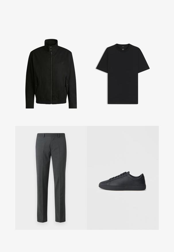 Musta takki korkealla kauluksella, vetoketjulla edessä ja joustavalla vyötäröllä. Varustettu sivutaskuilla, joissa on suojapeitteet ja hienovarainen logotaito.; Musta lyhythiha T-paita, joka on valmistettu sileästä puuvillasekoitteesta. Paita on varustettu pyöreällä pääntiehen ja siinä on minimaalinen muotoilu ilman kuvioita tai yksityiskohtia.; Tummanharmaat räätälöidyt housut, jotka on valmistettu sileästä kankaasta. Ominaisuuksiin kuuluvat suorat lahkeet, litteä etuosa ja vyölenkit. Ei näkyviä kuvioita tai yksityiskohtia.; Mustat lenkkarit, jotka on valmistettu sileästä nahasta, matalalla varrella, pyöreällä varvalla ja tasaisella kumipohjalla. Varusteena nauhat ja huomaamaton brändäys.