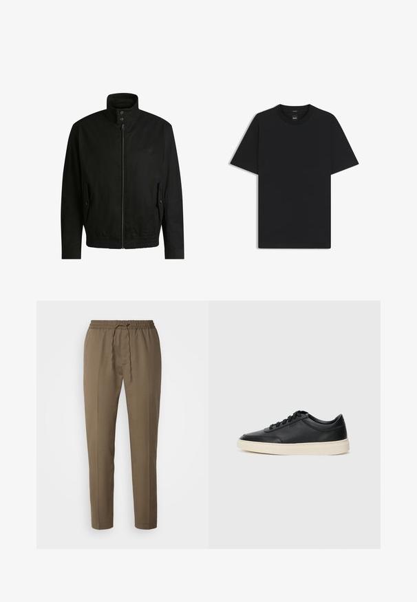 Musta takki korkealla kauluksella, vetoketjulla edessä ja joustavalla vyötäröllä. Varustettu sivutaskuilla, joissa on suojapeitteet ja hienovarainen logotaito.; Musta lyhythiha T-paita, joka on valmistettu sileästä puuvillasekoitteesta. Paita on varustettu pyöreällä pääntiehen ja siinä on minimaalinen muotoilu ilman kuvioita tai yksityiskohtia.; Ruskeat, kevyet housut, joissa on joustava vyötärö ja nauha. Ominaisuudet suorat lahkeet ja sileä pinta. Ei taskuja.; Musta matalavartinen nahkastretchu, jossa on mustat nauhat ja vaaleanharmaa pohja, esitetty sivuprofiilissa valkoista taustaa vasten.
