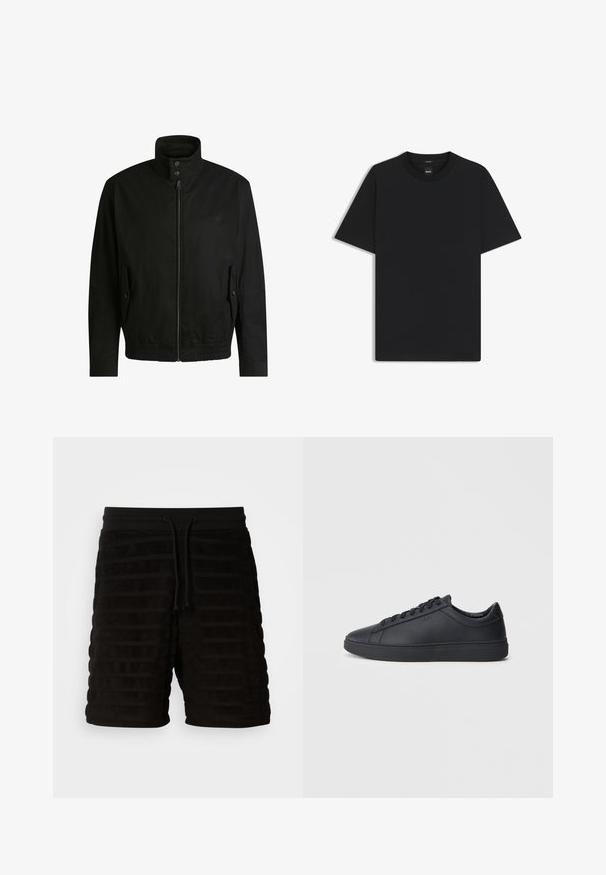 Schwarze Jacke mit hohem Kragen, Reißverschluss vorne und elastischem Bund. Enthält Seitentaschen mit Klappen und dezenten Logodetails.; Schwarz T-Shirt mit kurzen Ärmeln aus einem glatten Baumwollmix, mit Rundhalsausschnitt und einem minimalistischen Design ohne Muster oder Akzente.; Schwarze texturierte Shorts mit horizontalem Rippmuster, elastischem Bund und Kordelzug. Weicher Stoff mit lässigem Design für hohen Tragekomfort.; Schwarze Sneaker aus glattem Leder mit einem tiefen Design, runder Zehenform und flacher Gummi-Sohle. Mit Schnürsenkeln und dezentem Branding.
