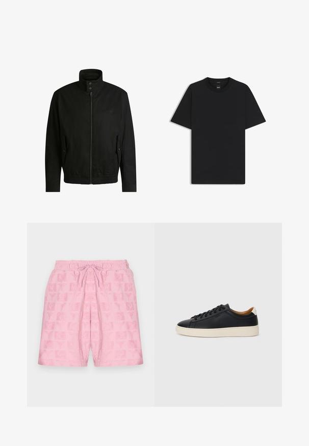 Black jacket with a high collar, zippered front, and elastic waistband. Features side pockets with cover flaps and subtle logo detailing.; Black short-sleeve T-shirt made from a smooth cotton blend, featuring a crew neckline and a minimalistic design with no patterns or accents.; Pink shorts with an elastic waistband and drawstring; features a textured pattern of logos and symbols across the fabric.; Black leather sneakers with a smooth texture, beige rubber sole, lace-up design, and a contrasting heel accent.