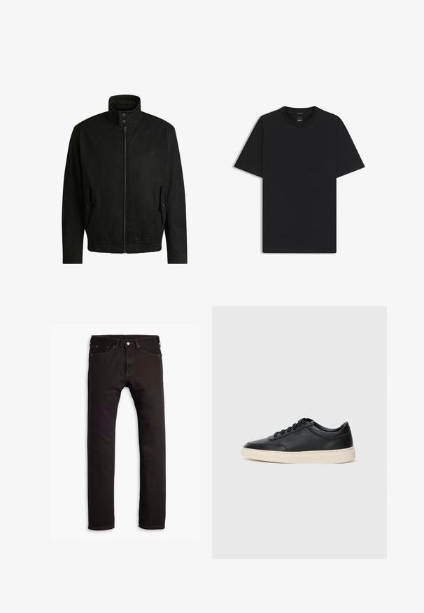 Giacca nera con colletto alto, chiusura con zip e vita elasticizzata. Presenta tasche laterali con flap di copertura e dettagli del logo discreti.; Maglietta nera a maniche corte realizzata in un morbido misto cotone, con scollatura a girocollo e un design minimalista senza motivi o dettagli.; Jeans neri slim-fit con cinque tasche e chiusura con bottone, mostrati distesi su uno sfondo bianco.; Sneaker in pelle nera a basso profilo con lacci neri e suola avorio, mostrato di profilo su sfondo bianco.