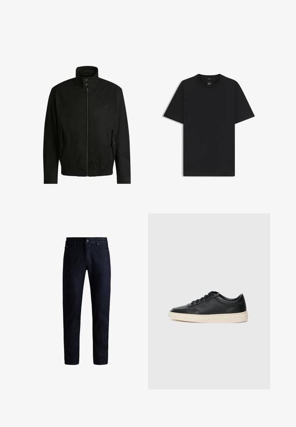 Giacca nera con colletto alto, chiusura con zip e vita elasticizzata. Presenta tasche laterali con flap di copertura e dettagli del logo discreti.; Maglietta nera a maniche corte realizzata in un morbido misto cotone, con scollatura a girocollo e un design minimalista senza motivi o dettagli.; Jeans in denim blu scuro con un design classico a cinque tasche, taglio dritto e una texture sottile. Chiusura con bottone metallico in vita.; Sneaker in pelle nera a basso profilo con lacci neri e suola avorio, mostrato di profilo su sfondo bianco.