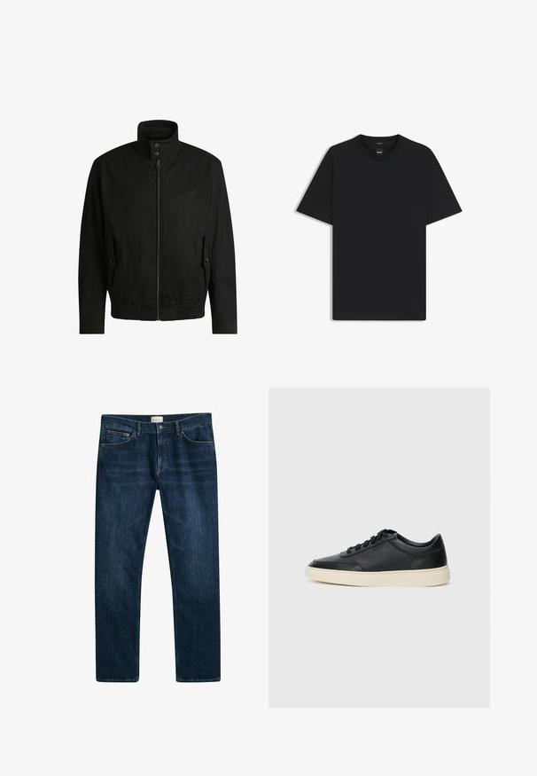 Giacca nera con colletto alto, chiusura con zip e vita elasticizzata. Presenta tasche laterali con flap di copertura e dettagli del logo discreti.; Maglietta nera a maniche corte realizzata in un morbido misto cotone, con scollatura a girocollo e un design minimalista senza motivi o dettagli.; Jeans in denim blu scuro con vestibilità dritta, chiusura a bottone e cerniera, e tasche frontali. Texture liscia e minimo sbiadimento.; Sneaker in pelle nera a basso profilo con lacci neri e suola avorio, mostrato di profilo su sfondo bianco.