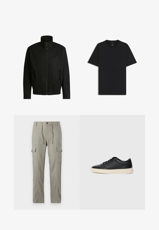 Zwarte jas met een hoge kraag, ritssluiting aan de voorkant en elastische tailleband. Voorzien van zijzakken met deksels en subtiele logo-details.; Zwarte korte mouwen T-shirt van een gladde katoenmix, met een ronde halslijn en een minimalistisch ontwerp zonder patronen of accenten.; Lichtgrijze cargobroek gemaakt van gestructureerde stof, met een trekkoord in de taille, een knoopsluiting aan de voorkant en meerdere zijzakken.; Zwarte leren sneaker met lage schacht, zwarte veters en off-white zool, weergegeven in zijprofiel op een witte achtergrond.
