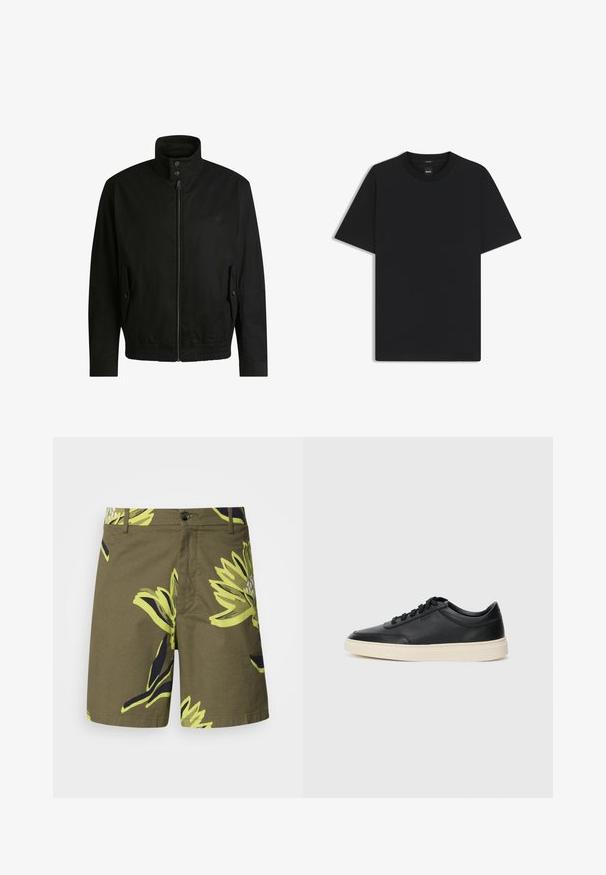 Musta takki korkealla kauluksella, vetoketjulla edessä ja joustavalla vyötäröllä. Varustettu sivutaskuilla, joissa on suojapeitteet ja hienovarainen logotaito.; Musta lyhythiha T-paita, joka on valmistettu sileästä puuvillasekoitteesta. Paita on varustettu pyöreällä pääntiehen ja siinä on minimaalinen muotoilu ilman kuvioita tai yksityiskohtia.; Oliivinvihreät shortsit, joissa on suuri keltainen ja laivastonsininen kukkakuosi. Ne on valmistettu kevyestä kankaasta ja niissä on nappikiinnitys sekä sivutaskut.; Musta matalavartinen nahkastretchu, jossa on mustat nauhat ja vaaleanharmaa pohja, esitetty sivuprofiilissa valkoista taustaa vasten.