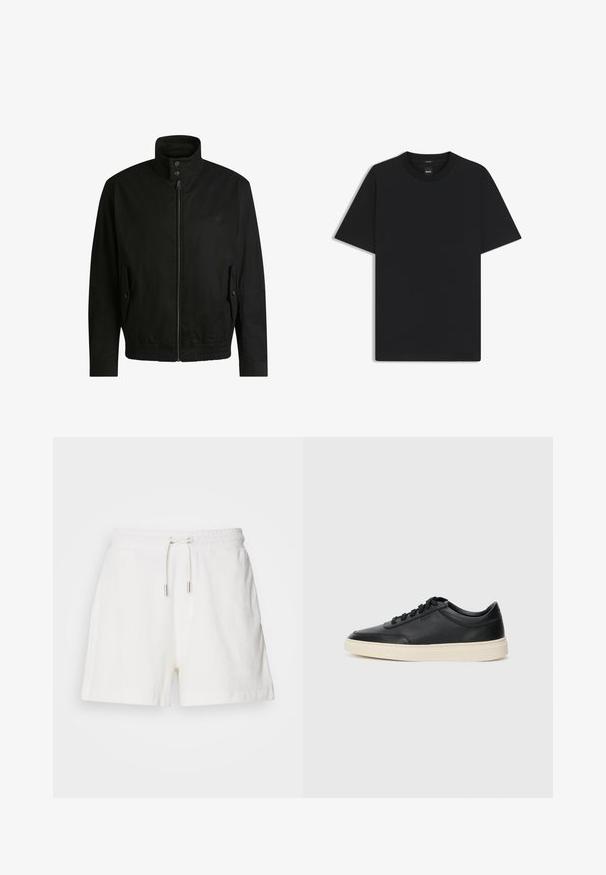 Black jacket with a high collar, zippered front, and elastic waistband. Features side pockets with cover flaps and subtle logo detailing.; Black short-sleeve T-shirt made from a smooth cotton blend, featuring a crew neckline and a minimalistic design with no patterns or accents.; White, plush cotton shorts with an elastic waistband, adjustable drawstring, and side pockets. Smooth texture, relaxed fit, and mid-thigh length.; Black low-top leather sneaker with black laces and off-white sole shown in side profile on white background.