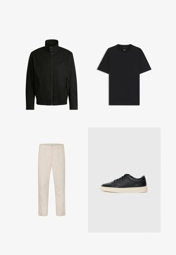 Sort jakke med høj krave, lynlåslukning foran og elastisk liv. Har sidelommer med coverlapper og subtile logo-detaljer.; Sort kortærmet T-shirt lavet af en glat bomuldsblanding, med en rund halsudskæring og et minimalistisk design uden mønstre eller accenter.; Beige bukser lavet af et struktureret stof med lige snit, med en frontknaplukning og sidelommer.; Sort lavt top lædersneaker med sorte snørebånd og off-white sål vist i sideprofil på hvid baggrund.