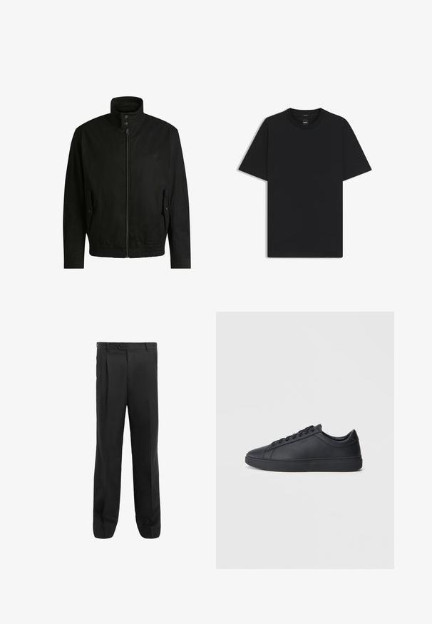 Giacca nera con colletto alto, chiusura con zip e vita elasticizzata. Presenta tasche laterali con flap di copertura e dettagli del logo discreti.; Maglietta nera a maniche corte realizzata in un morbido misto cotone, con scollatura a girocollo e un design minimalista senza motivi o dettagli.; Pantaloni neri con un design a gamba dritta, caratterizzati da pieghe, chiusura con un bottone singolo e passanti per la cintura. Realizzati in un tessuto liscio.; Sneakers neri realizzati in pelle liscia, con design a bassa cima, punta rotonda e suola piatta in gomma. Presentano lacci e un branding discreto.
