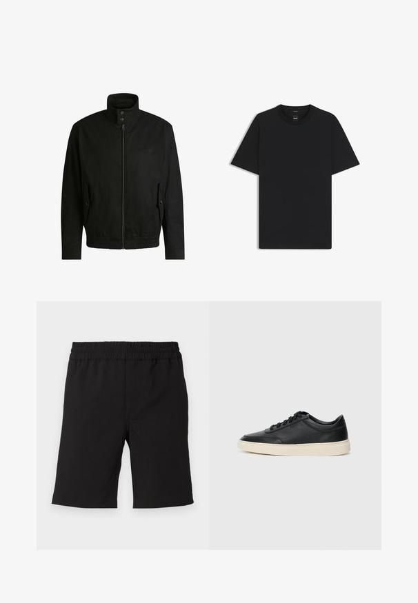 Black jacket with a high collar, zippered front, and elastic waistband. Features side pockets with cover flaps and subtle logo detailing.; Black short-sleeve T-shirt made from a smooth cotton blend, featuring a crew neckline and a minimalistic design with no patterns or accents.; Black shorts made of comfortable fabric with an elastic waistband. Simple design, straight cut, suitable for casual wear.; Black low-top leather sneaker with black laces and off-white sole shown in side profile on white background.