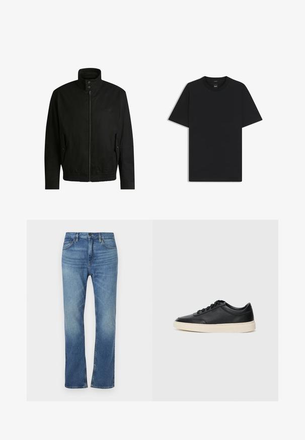 Svart jacka med hög krage, dragkedja fram och elastiskt midjeband. Har fickor på sidorna med lock och subtil logodetalj.; Svart kortärmad T-shirt i en mjuk bomullsblandning, med rundad halsringning och en minimalistisk design utan mönster eller detaljer.; Blå denimjeans med rak bendesign. Har fem fickor, knappstängning och subtil blekning på fram- och baksidan.; Svart låg skor i läder med svarta snören och off-white sula, visas i sidoprofil på vit bakgrund.