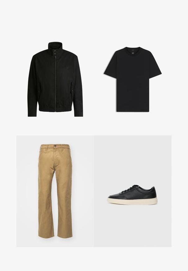 Zwarte jas met een hoge kraag, ritssluiting aan de voorkant en elastische tailleband. Voorzien van zijzakken met deksels en subtiele logo-details.; Zwarte korte mouwen T-shirt van een gladde katoenmix, met een ronde halslijn en een minimalistisch ontwerp zonder patronen of accenten.; Khaki broek van katoen. Rechte pasvorm met een tailleband en voorzakken. Heeft een enkele achterzak en subtiele stikdetails.; Zwarte leren sneaker met lage schacht, zwarte veters en off-white zool, weergegeven in zijprofiel op een witte achtergrond.