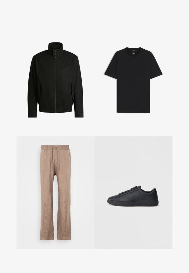 Black jacket with a high collar, zippered front, and elastic waistband. Features side pockets with cover flaps and subtle logo detailing.; Black short-sleeve T-shirt made from a smooth cotton blend, featuring a crew neckline and a minimalistic design with no patterns or accents.; Light brown, wide-leg pants made of smooth fabric, featuring an elastic waistband with a drawstring and two front crease lines.; Black sneakers made of smooth leather with a low-top design, round toe, and flat rubber sole. Features laces and subtle branding.