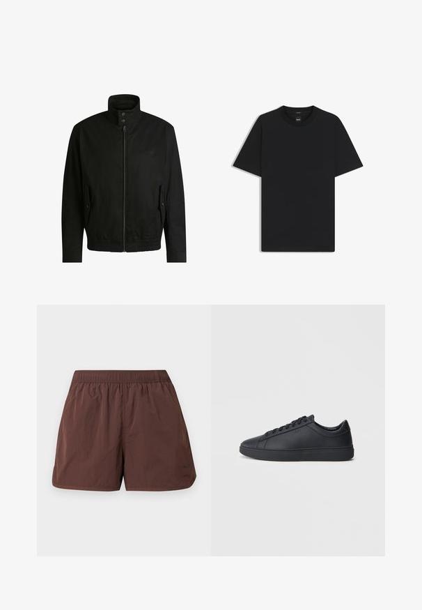 Musta takki korkealla kauluksella, vetoketjulla edessä ja joustavalla vyötäröllä. Varustettu sivutaskuilla, joissa on suojapeitteet ja hienovarainen logotaito.; Musta lyhythiha T-paita, joka on valmistettu sileästä puuvillasekoitteesta. Paita on varustettu pyöreällä pääntiehen ja siinä on minimaalinen muotoilu ilman kuvioita tai yksityiskohtia.; Ruskeat kevyet shortsit, joissa on joustava vyötärönauha ja sivutaskut. Pohjana on sileä, hieman ryppyinen pinta. Ei näkyviä kuvioita tai yksityiskohtia.; Mustat lenkkarit, jotka on valmistettu sileästä nahasta, matalalla varrella, pyöreällä varvalla ja tasaisella kumipohjalla. Varusteena nauhat ja huomaamaton brändäys.