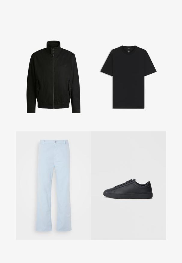 Musta takki korkealla kauluksella, vetoketjulla edessä ja joustavalla vyötäröllä. Varustettu sivutaskuilla, joissa on suojapeitteet ja hienovarainen logotaito.; Musta lyhythiha T-paita, joka on valmistettu sileästä puuvillasekoitteesta. Paita on varustettu pyöreällä pääntiehen ja siinä on minimaalinen muotoilu ilman kuvioita tai yksityiskohtia.; Vaaleansiniset puuvillahousut suoralla leikkauksella, etupainikekannella ja sivutaskuilla. Sujuva pinta ja minimiss stitching -yksityiskohtia.; Mustat lenkkarit, jotka on valmistettu sileästä nahasta, matalalla varrella, pyöreällä varvalla ja tasaisella kumipohjalla. Varusteena nauhat ja huomaamaton brändäys.