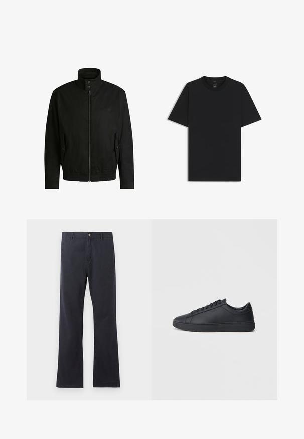 Zwarte jas met een hoge kraag, ritssluiting aan de voorkant en elastische tailleband. Voorzien van zijzakken met deksels en subtiele logo-details.; Zwarte korte mouwen T-shirt van een gladde katoenmix, met een ronde halslijn en een minimalistisch ontwerp zonder patronen of accenten.; Marineblauwe chinos van een katoenmengsel, met een rechte pijp, een knoopgulp en riemlussen. Gladde textuur met minimale details.; Zwarte sneakers van glad leer met een lage schacht, ronde neus en platte rubberen zool. Voorzien van veters en subtiele branding.