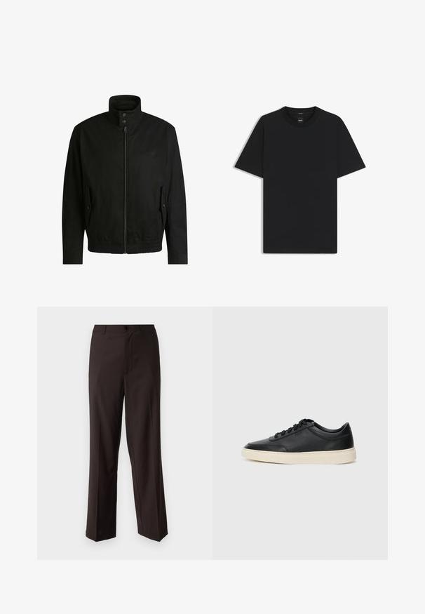 Sort jakke med høj krave, lynlåslukning foran og elastisk liv. Har sidelommer med coverlapper og subtile logo-detaljer.; Sort kortærmet T-shirt lavet af en glat bomuldsblanding, med en rund halsudskæring og et minimalistisk design uden mønstre eller accenter.; Sorte bukser lavet af letvægtsstof, med flad front, enkelt knaplukning og lige ben med subtile folder.; Sort lavt top lædersneaker med sorte snørebånd og off-white sål vist i sideprofil på hvid baggrund.