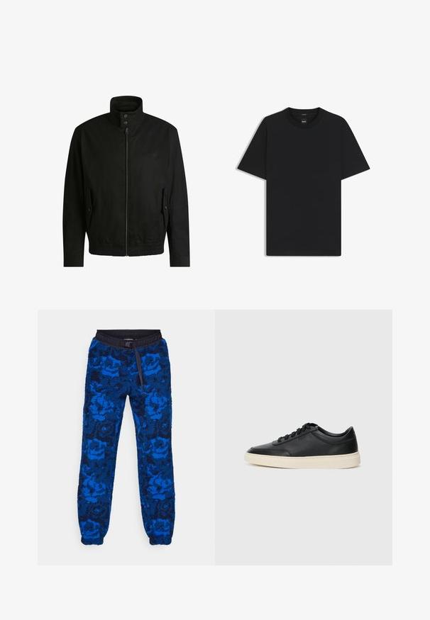 Black jacket with a high collar, zippered front, and elastic waistband. Features side pockets with cover flaps and subtle logo detailing.; Black short-sleeve T-shirt made from a smooth cotton blend, featuring a crew neckline and a minimalistic design with no patterns or accents.; Blue fleece joggers with a floral pattern, featuring a black elastic waistband and drawstring. Textured fabric with elastic cuffs at the ankles.; Black low-top leather sneaker with black laces and off-white sole shown in side profile on white background.