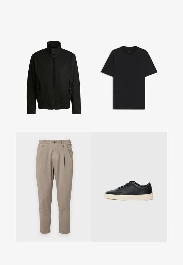 Schwarze Jacke mit hohem Kragen, Reißverschluss vorne und elastischem Bund. Enthält Seitentaschen mit Klappen und dezenten Logodetails.; Schwarz T-Shirt mit kurzen Ärmeln aus einem glatten Baumwollmix, mit Rundhalsausschnitt und einem minimalistischen Design ohne Muster oder Akzente.; Beige Hosen aus einem strukturierten Stoff, mit einem Knopfverschluss und einem elastischen Taillenbund. Entworfen mit einem schmal zulaufenden Bein und vorderen Falten.; Schwarzer niedriger Ledersneaker mit schwarzen Schnürsenkeln und cremefarbenem Sohlenrand, seitlich auf weißem Hintergrund dargestellt.