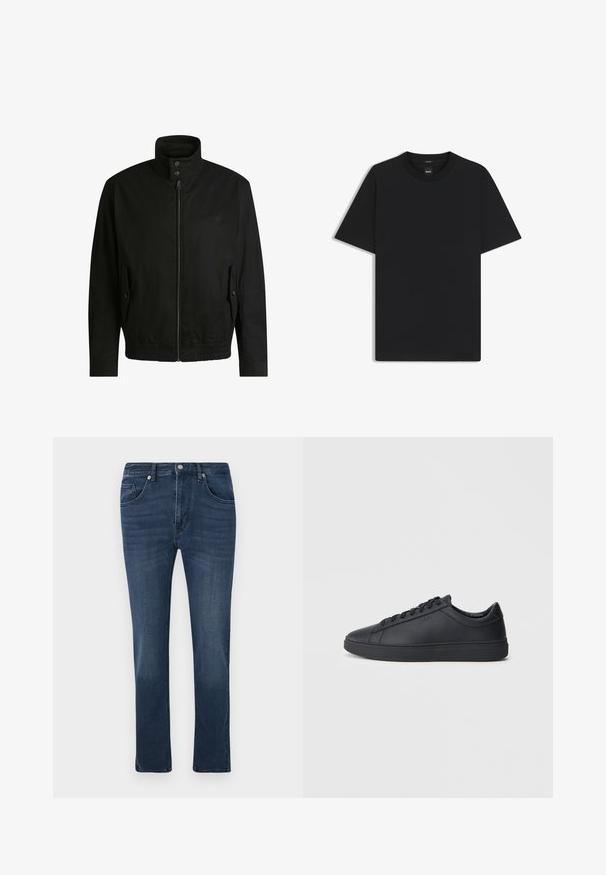 Giacca nera con colletto alto, chiusura con zip e vita elasticizzata. Presenta tasche laterali con flap di copertura e dettagli del logo discreti.; Maglietta nera a maniche corte realizzata in un morbido misto cotone, con scollatura a girocollo e un design minimalista senza motivi o dettagli.; Jeans in denim slim-fit blu scuro con tasche frontali e per monete, chiusura con bottone e leggera scoloritura sulle cosce.; Sneakers neri realizzati in pelle liscia, con design a bassa cima, punta rotonda e suola piatta in gomma. Presentano lacci e un branding discreto.