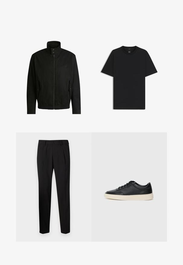 Zwarte jas met een hoge kraag, ritssluiting aan de voorkant en elastische tailleband. Voorzien van zijzakken met deksels en subtiele logo-details.; Zwarte korte mouwen T-shirt van een gladde katoenmix, met een ronde halslijn en een minimalistisch ontwerp zonder patronen of accenten.; Zwarte taillepantalon met een recht model, voorzien van een elastische tailleband, een enkele knoopsluiting en twee voorplooien voor extra detail.; Zwarte leren sneaker met lage schacht, zwarte veters en off-white zool, weergegeven in zijprofiel op een witte achtergrond.