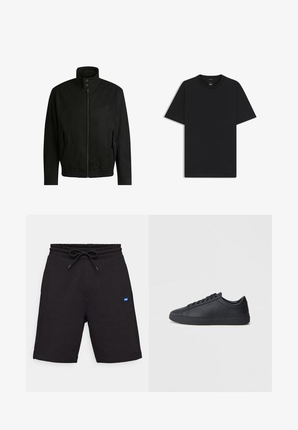 Black jacket with a high collar, zippered front, and elastic waistband. Features side pockets with cover flaps and subtle logo detailing.; Black short-sleeve T-shirt made from a smooth cotton blend, featuring a crew neckline and a minimalistic design with no patterns or accents.; Black cotton shorts with a drawstring waistband, featuring side pockets and a small blue logo patch on the front. Smooth texture.; Black sneakers made of smooth leather with a low-top design, round toe, and flat rubber sole. Features laces and subtle branding.