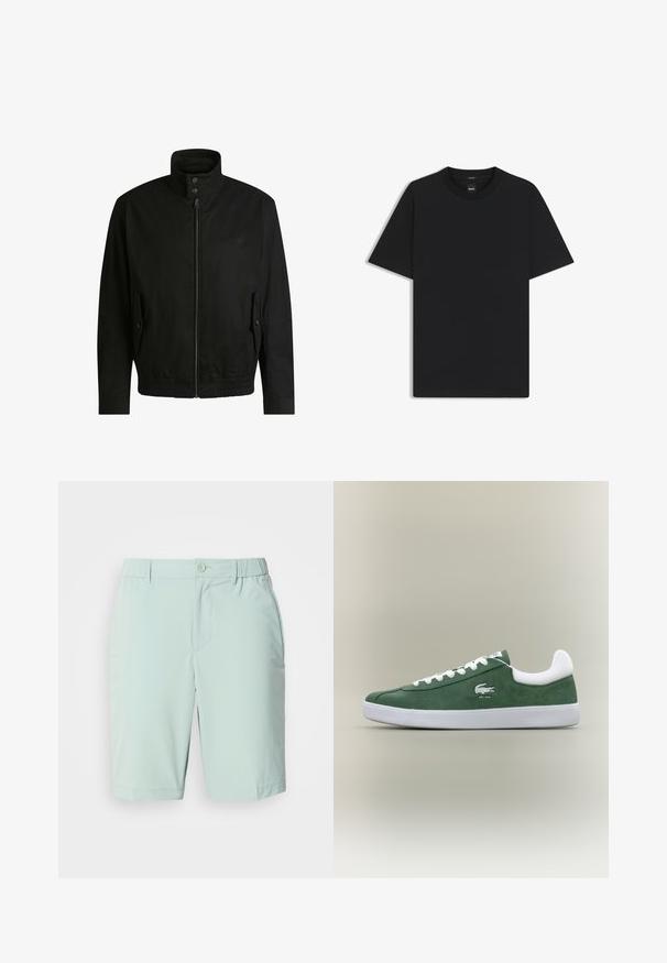 Schwarze Jacke mit hohem Kragen, Reißverschluss vorne und elastischem Bund. Enthält Seitentaschen mit Klappen und dezenten Logodetails.; Schwarz T-Shirt mit kurzen Ärmeln aus einem glatten Baumwollmix, mit Rundhalsausschnitt und einem minimalistischen Design ohne Muster oder Akzente.; Helle blaue Shorts aus glattem Stoff, mit Knopfverschluss, Fronttaschen und einem bequemen Bund ohne sichtbare Muster.; Niedrig geschnittene grüne Wildleder-Sneaker mit weißen Schnürsenkeln, weißer Sohle, gepolstertem Fersenkragen und gesticktem Krokodil-Logo mit dem Text "EST. 1933".
