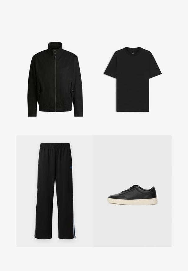 Zwarte jas met een hoge kraag, ritssluiting aan de voorkant en elastische tailleband. Voorzien van zijzakken met deksels en subtiele logo-details.; Zwarte korte mouwen T-shirt van een gladde katoenmix, met een ronde halslijn en een minimalistisch ontwerp zonder patronen of accenten.; Zwarte joggingbroek met een elastische tailleband, zijritsen en blauwe accenten op de buitenste naden. Glad materiaal met een recht model.; Zwarte leren sneaker met lage schacht, zwarte veters en off-white zool, weergegeven in zijprofiel op een witte achtergrond.