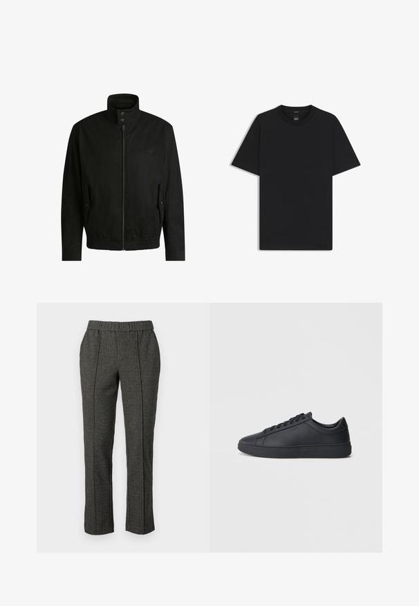 Schwarze Jacke mit hohem Kragen, Reißverschluss vorne und elastischem Bund. Enthält Seitentaschen mit Klappen und dezenten Logodetails.; Schwarz T-Shirt mit kurzen Ärmeln aus einem glatten Baumwollmix, mit Rundhalsausschnitt und einem minimalistischen Design ohne Muster oder Akzente.; Graue maßgeschneiderte Hose aus strukturiertem Stoff, mit elastischem Bund, geraden Beinen und Falten in der Vorderseite.; Schwarze Sneaker aus glattem Leder mit einem tiefen Design, runder Zehenform und flacher Gummi-Sohle. Mit Schnürsenkeln und dezentem Branding.