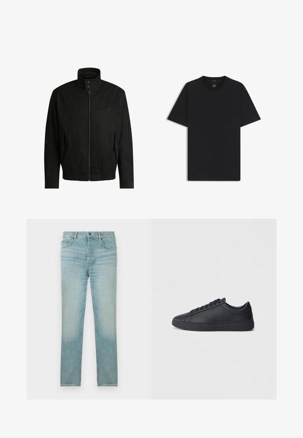 Svart jacka med hög krage, dragkedja fram och elastiskt midjeband. Har fickor på sidorna med lock och subtil logodetalj.; Svart kortärmad T-shirt i en mjuk bomullsblandning, med rundad halsringning och en minimalistisk design utan mönster eller detaljer.; Ljust blå denimjeans med rak passform, med en blekt tvätt, fem-ficksdesign och en framknappstängning.; Svarta sneakers i slätt läder med låg design, rund tå och platt gummisula. Har snörning och subtil branding.