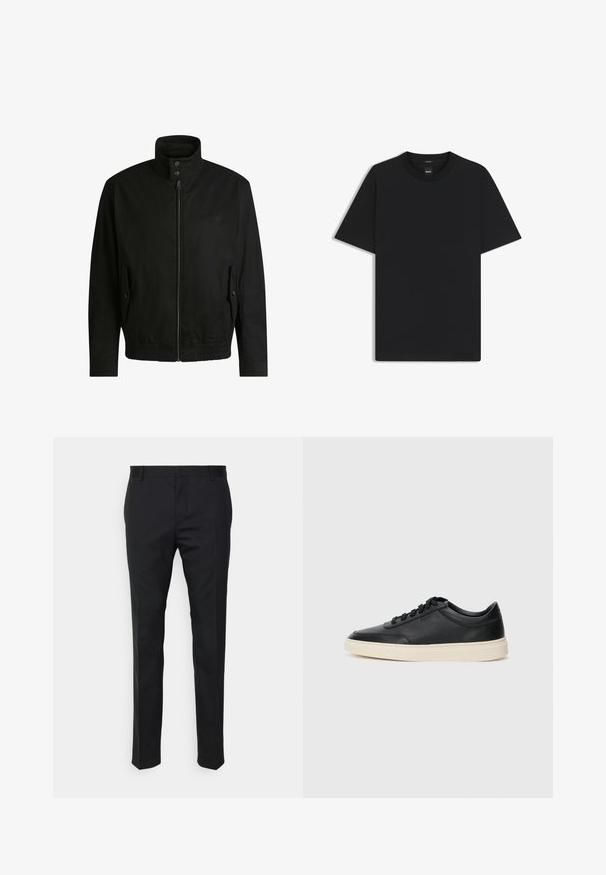 Svart jacka med hög krage, dragkedja fram och elastiskt midjeband. Har fickor på sidorna med lock och subtil logodetalj.; Svart kortärmad T-shirt i en mjuk bomullsblandning, med rundad halsringning och en minimalistisk design utan mönster eller detaljer.; Svarta skräddarsydda byxor med rak passform, gjorda av ett slätt tyg. Har bältesöglor och veckdetalj framtill.; Svart låg skor i läder med svarta snören och off-white sula, visas i sidoprofil på vit bakgrund.