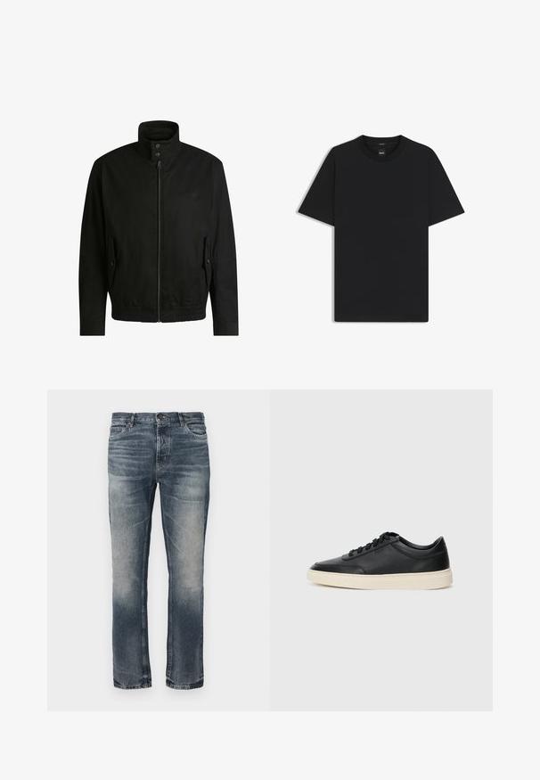 Giacca nera con colletto alto, chiusura con zip e vita elasticizzata. Presenta tasche laterali con flap di copertura e dettagli del logo discreti.; Maglietta nera a maniche corte realizzata in un morbido misto cotone, con scollatura a girocollo e un design minimalista senza motivi o dettagli.; Jeans in denim blu con taglio dritto. Aree leggermente sbiadite, design classico a cinque tasche e chiusura con un singolo bottone in metallo in vita.; Sneaker in pelle nera a basso profilo con lacci neri e suola avorio, mostrato di profilo su sfondo bianco.